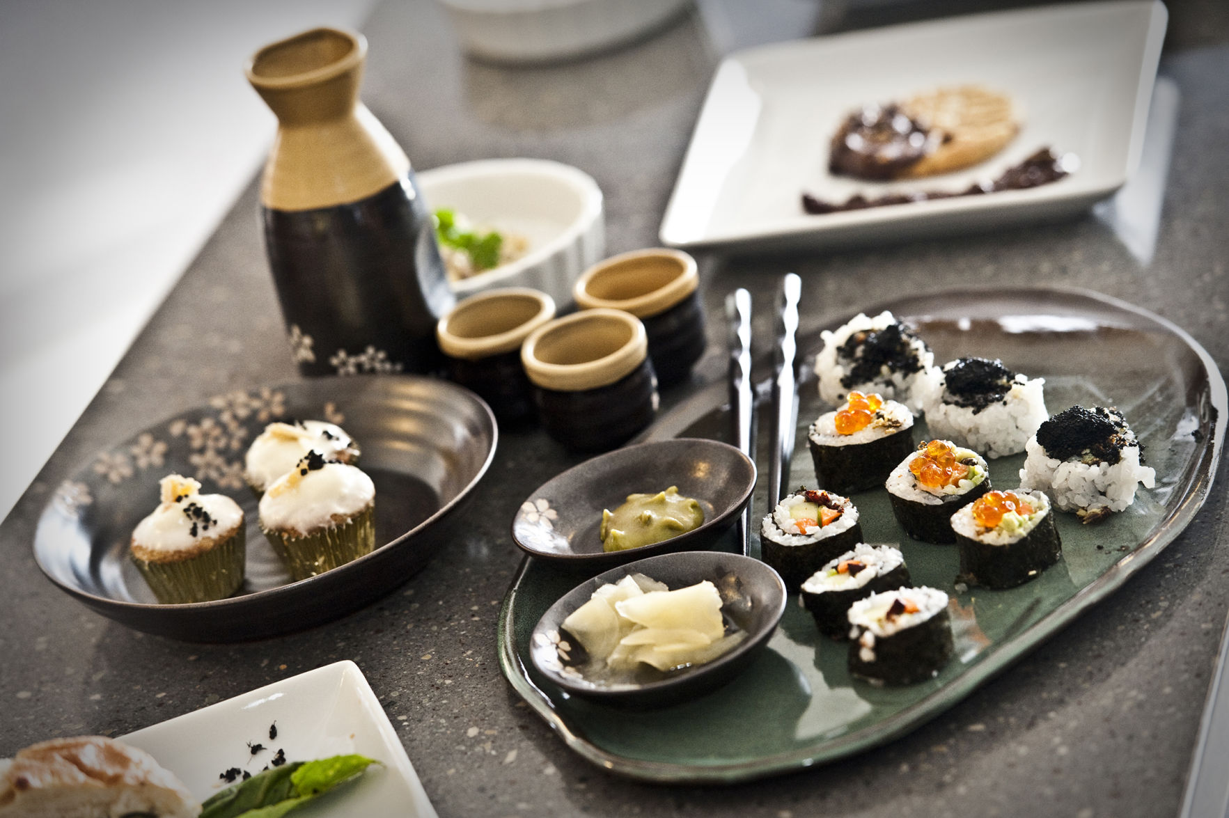 Ginger cupcakes and insect sushi